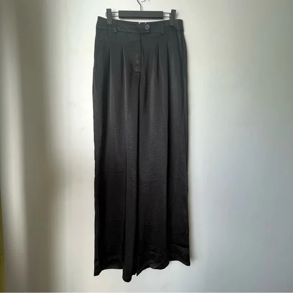 Princess Polly Huxley Black Satin Wide Leg Trouser Pants 8 - Picture 6 of 10